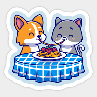 Cute Couple Cat And Corgi Dog Eating Spaghetti Together Cartoon Sticker